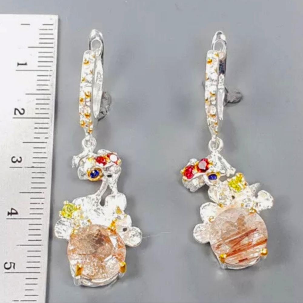 Stunning Rutilated Quartz Peridot Ruby& Sapphire Floral chandelier earrings - Picture 1 of 13